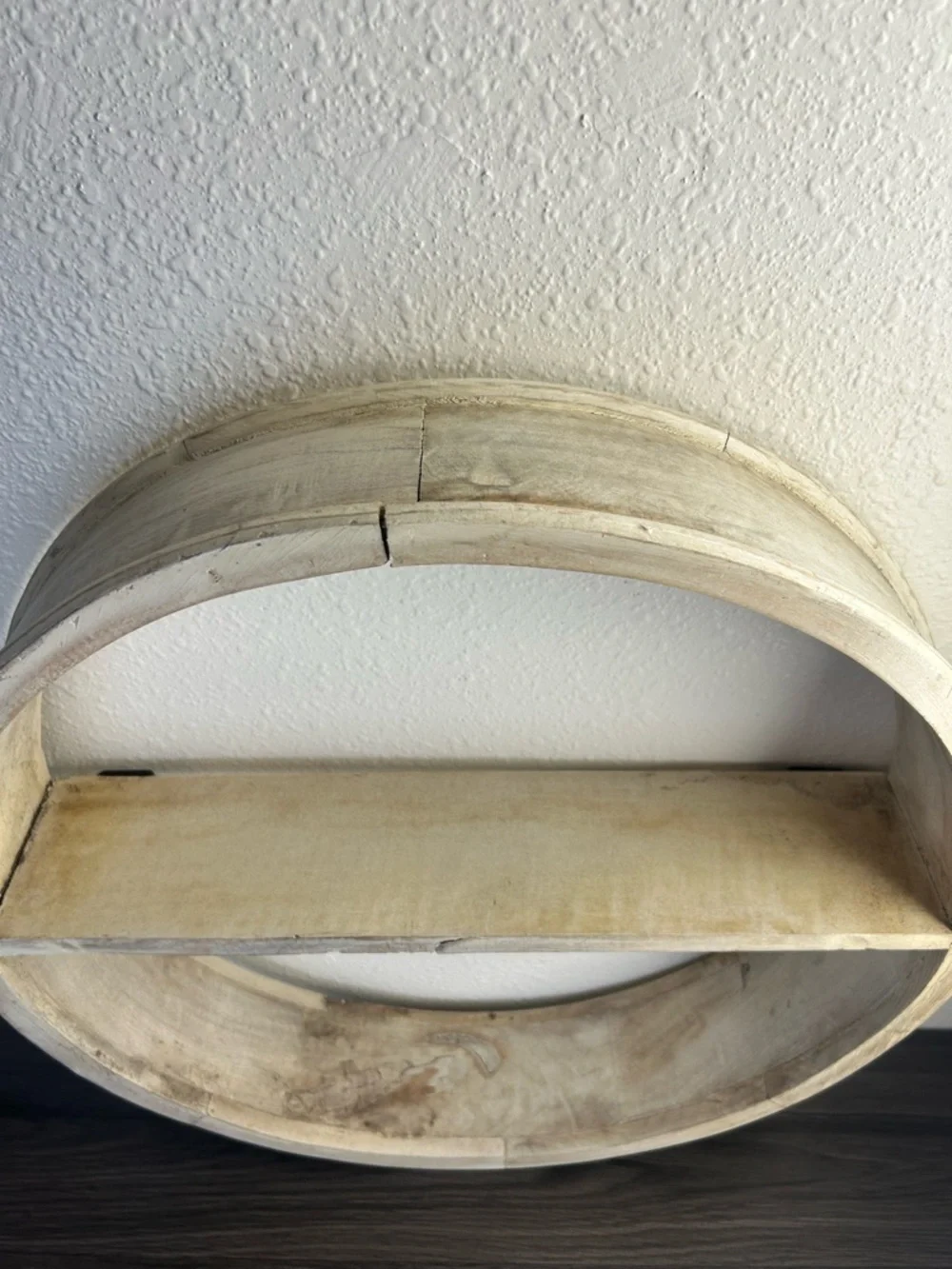 Vintage Round Wood Wall Shelf Rustic Whitewashed Farmhouse 20.5”